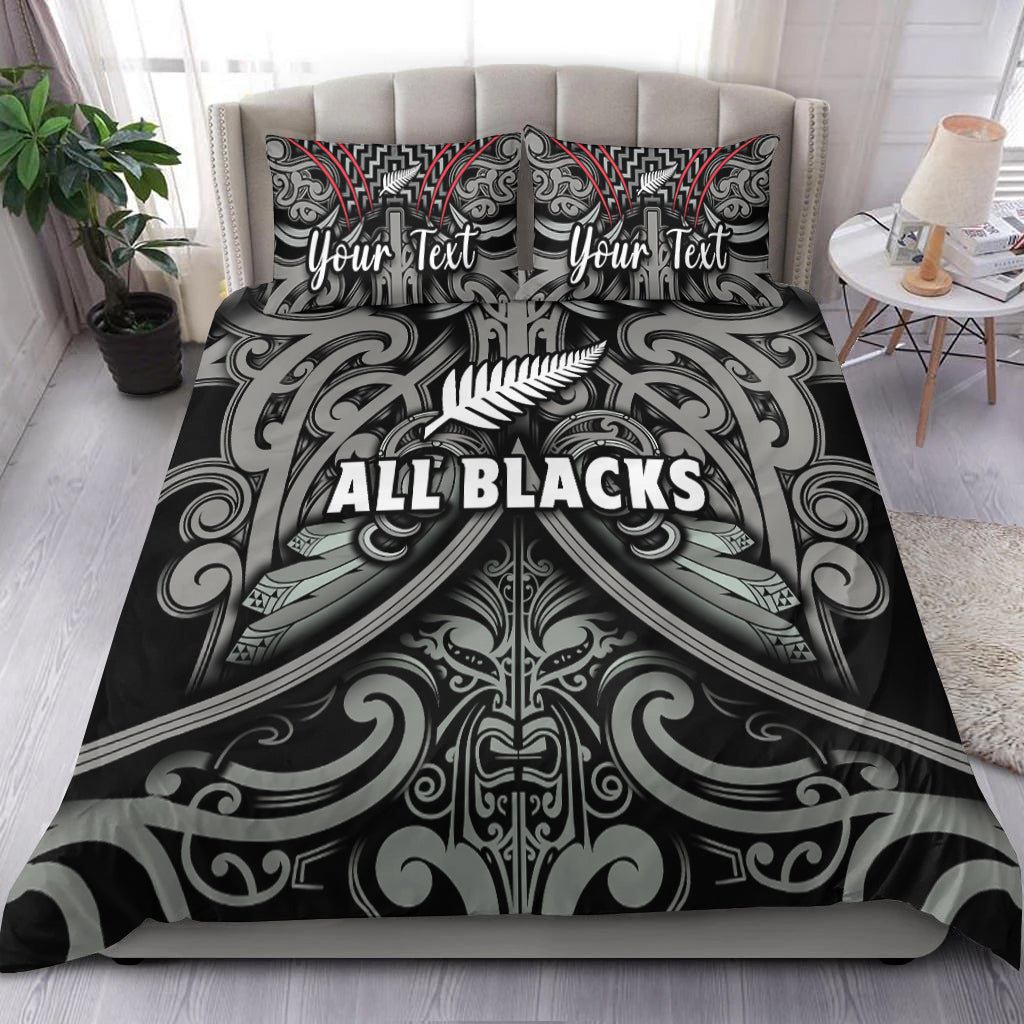 All Blacks Maori-style black duvet cover with fern graphic and 'Your Text' fields
