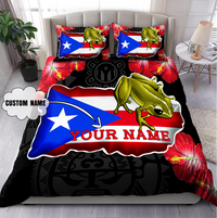 Puerto Rico bedding set: flag design, green coqui, CUSTOM NAME cloud and YOUR NAME text