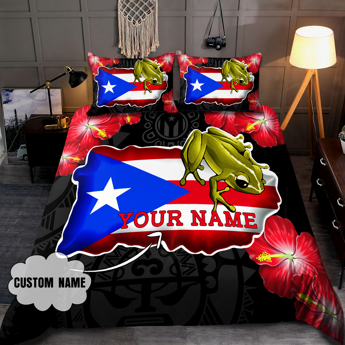 Bed set with Puerto Rico flag art, green coqui on duvet; CUSTOM NAME label visible