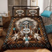 Native American bedding set: 2 pillowcases and comforter with teal/brown headdress print