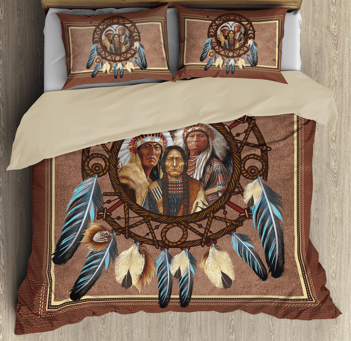 Native American 3D printed bedding set, quilt close-up with central trio portrait and feather trim
