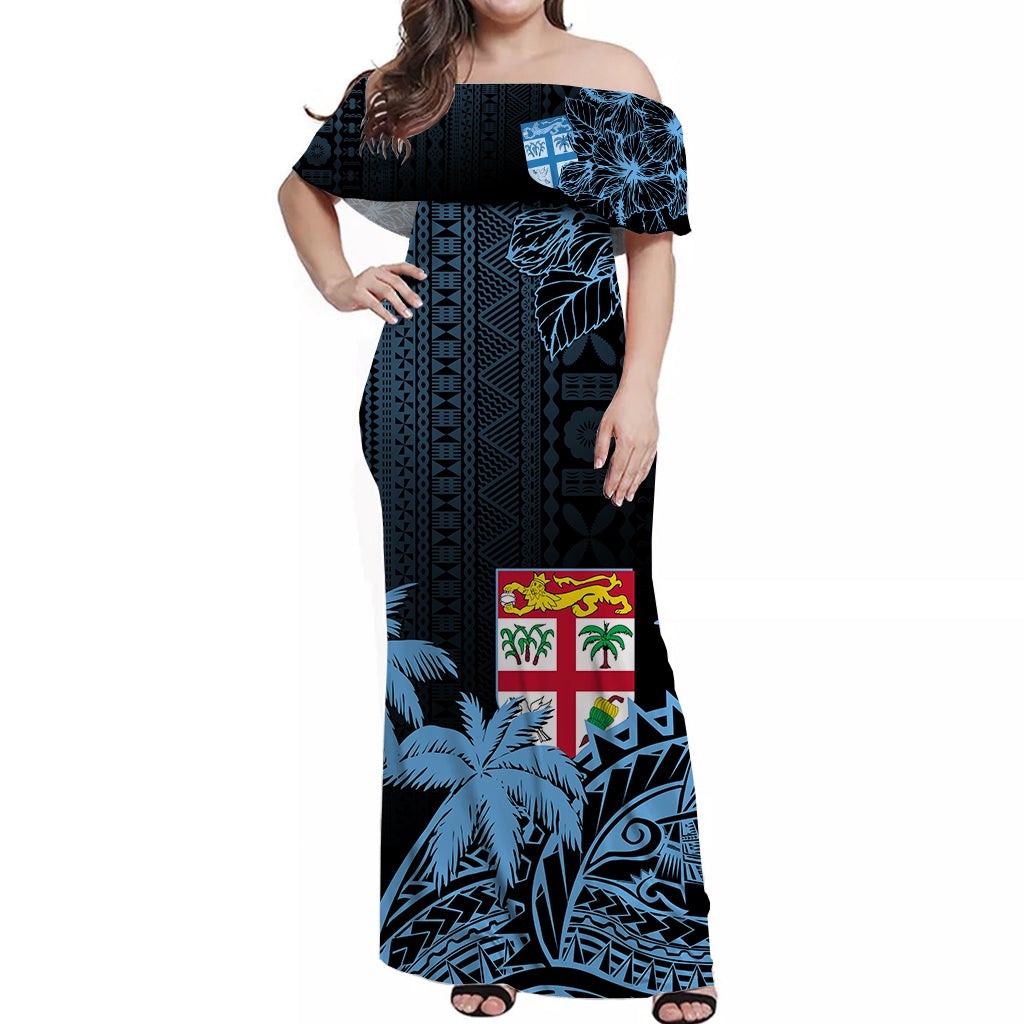 Off-shoulder long blue dress with Polynesian wave and tapa-style print, maxi length