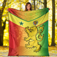 Reggae-style Senegal flag blanket with lion crest and star, vibrant green, red, yellow