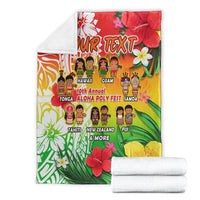 Personalized aloha poly fest blanket, folded with tropical flowers, “YOUR TEXT”