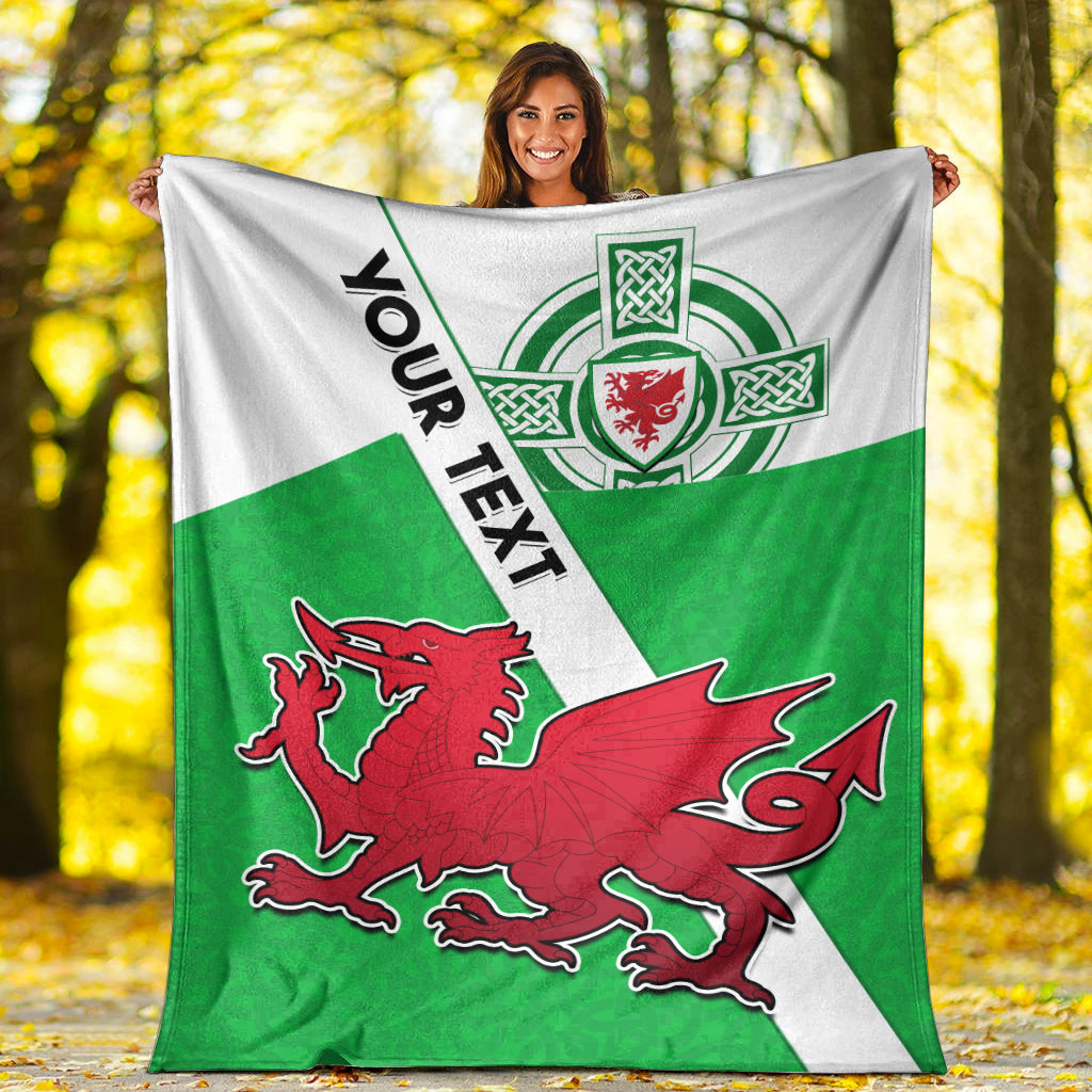 Wales football premium blanket in green and white with red dragon crest and Celtic knot