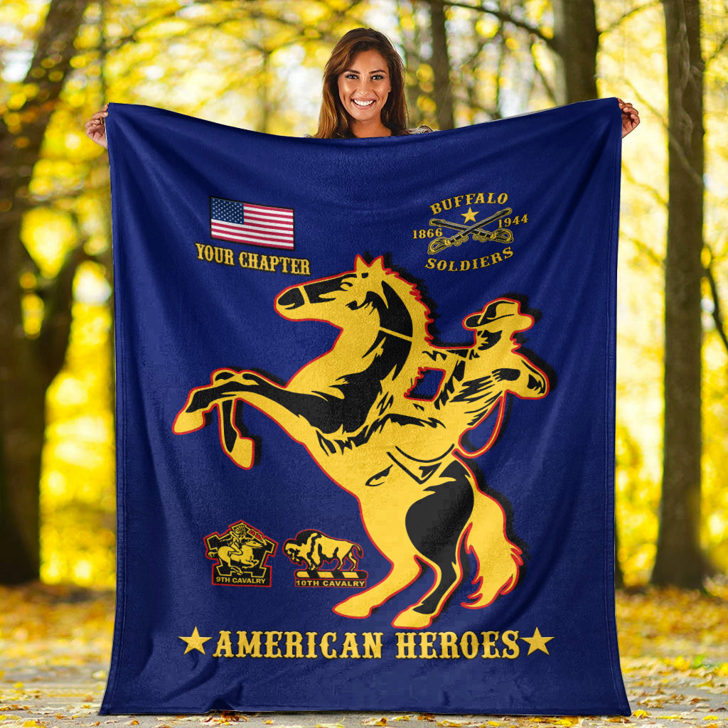 Blue premium blanket with Buffalo Soldiers graphic and “AMERICAN HEROES” text
