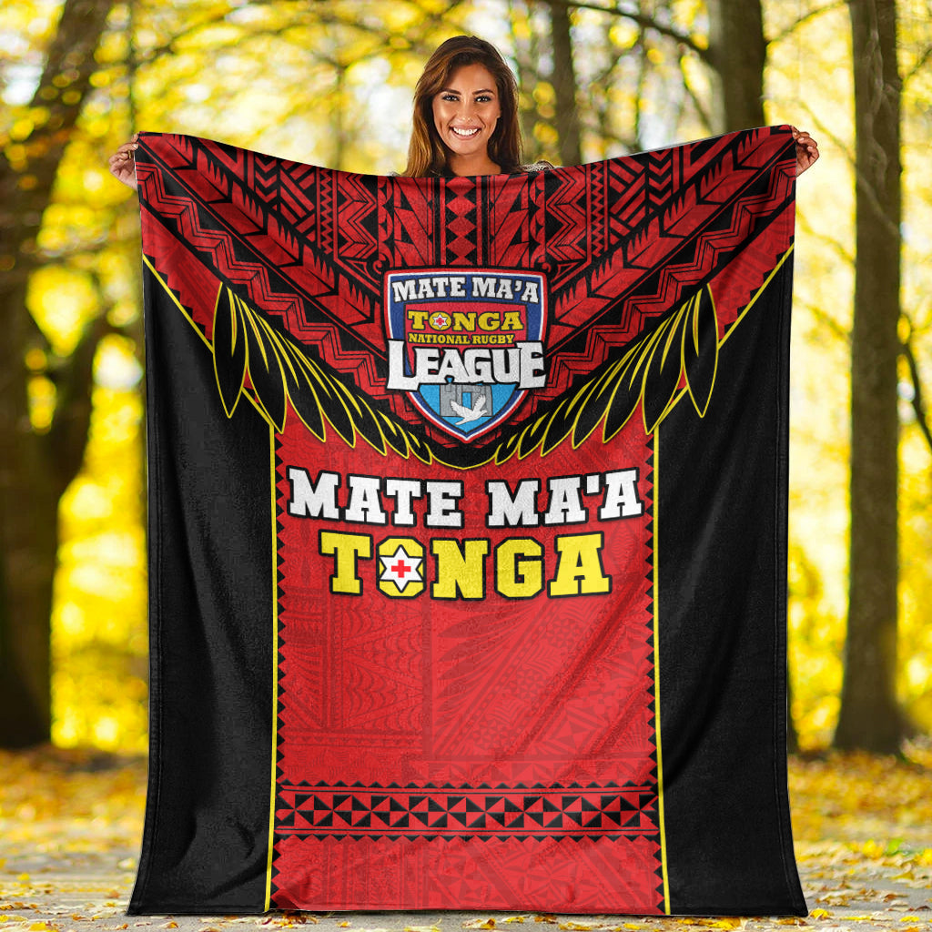 Black-edge Tonga rugby blanket with red center panel and “Mate Ma’a TONGA League” logo
