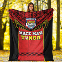 Black-edge Tonga rugby blanket with red center panel and “Mate Ma’a TONGA League” logo