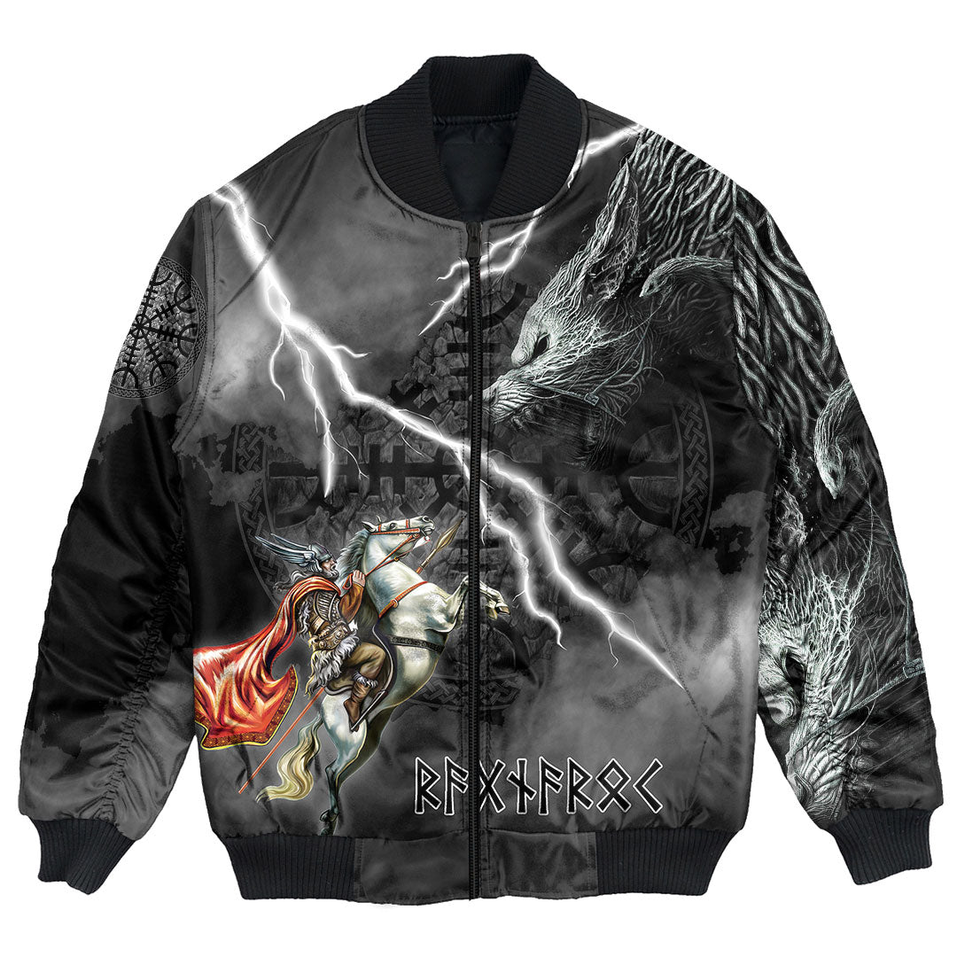 (Custom) Wonder Print Shop - Ragnarok Bomber Jacket Odin fight Fenrir on thunder background RLT12 - Wonder Print Shop