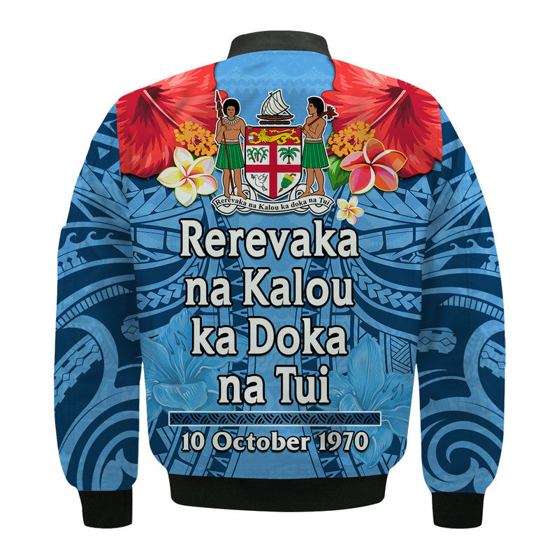 Blue bomber jacket back view, Rerevaka na Kalou text and 10 October 1970 date