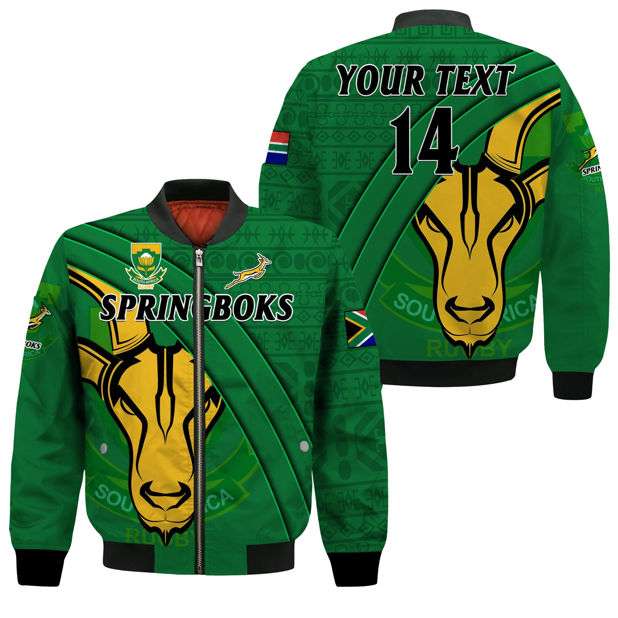 (Custom Text And Number) South Africa Rugby Bomber Jacket Bokke Springbok With African Pattern Stronger Together - Wonder Print Shop