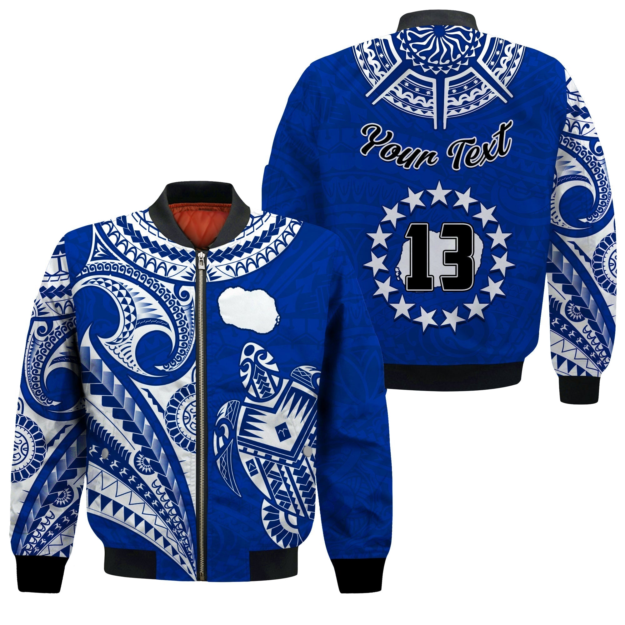 (Custom Text and Number) Rarotonga Cook Islands Bomber Jacket Turtle and Map Style Blue LT13 - Wonder Print Shop