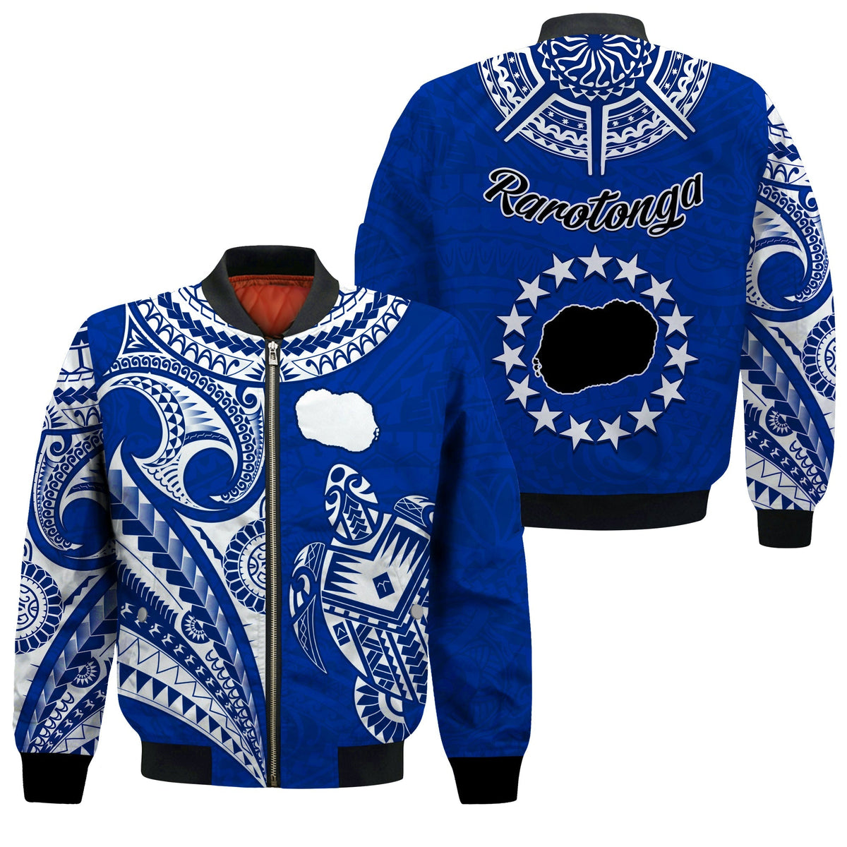 Blue unisex bomber jacket with white tribal map patterns and large turtle emblem on back