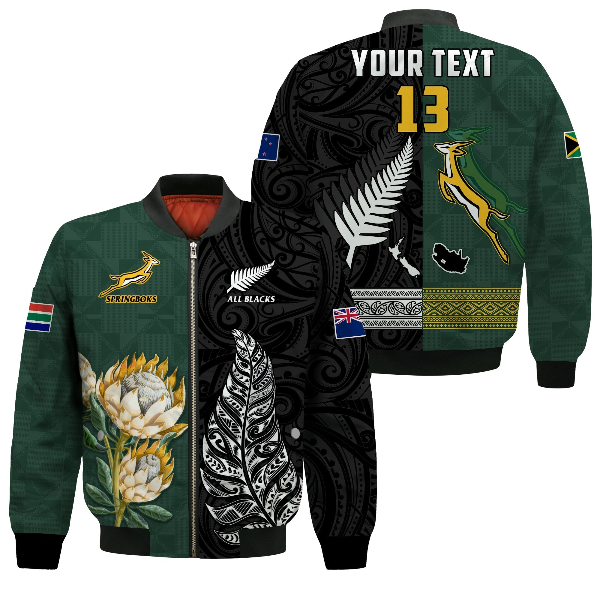 Custom Text and Number South Africa Protea and New Zealand Fern Bomber Jacket Rugby Go Springboks vs All Black LT13 - Wonder Print Shop