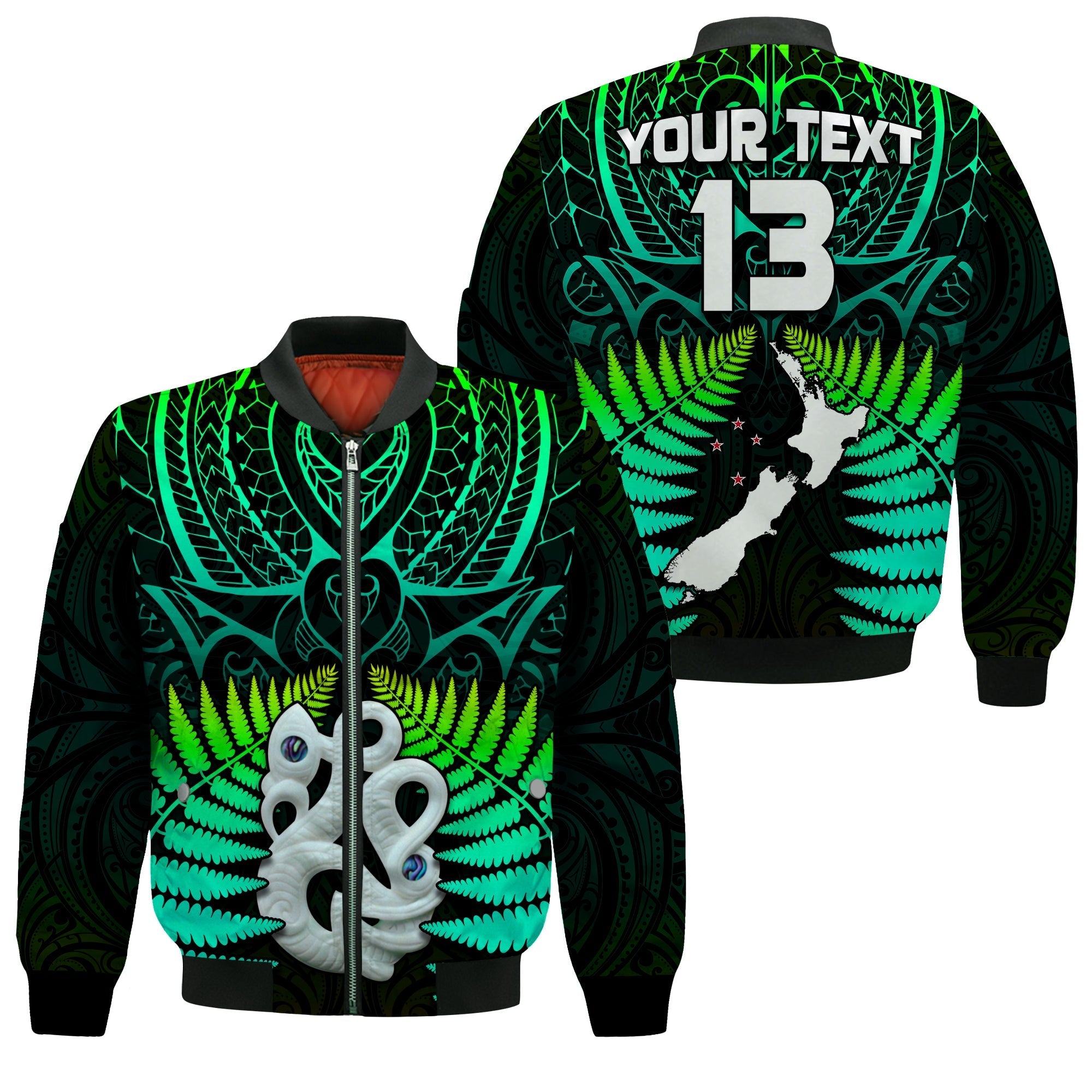 (Custom Text and Number) Aotearoa Fern Bomber Jacket New Zealand Hei Tiki Green Style LT13 - Wonder Print Shop