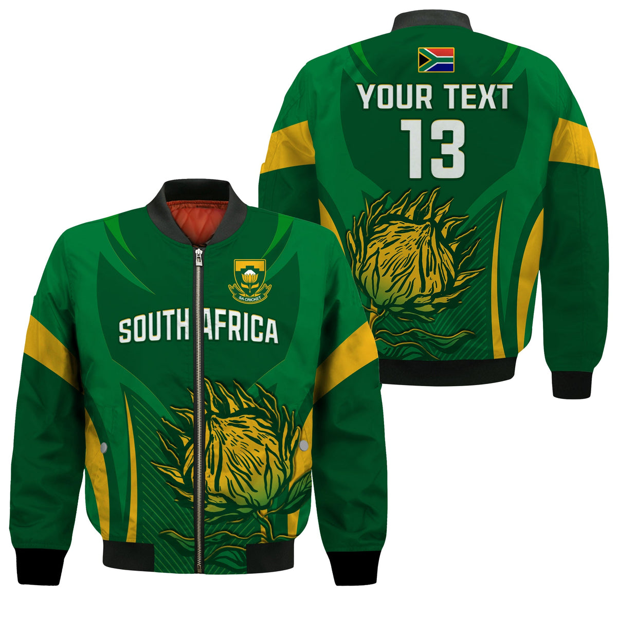 Green cricket bomber jacket: front SOUTH AFRICA, back YOUR TEXT 13 tiger graphic