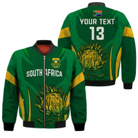 Green cricket bomber jacket: front SOUTH AFRICA, back YOUR TEXT 13 tiger graphic