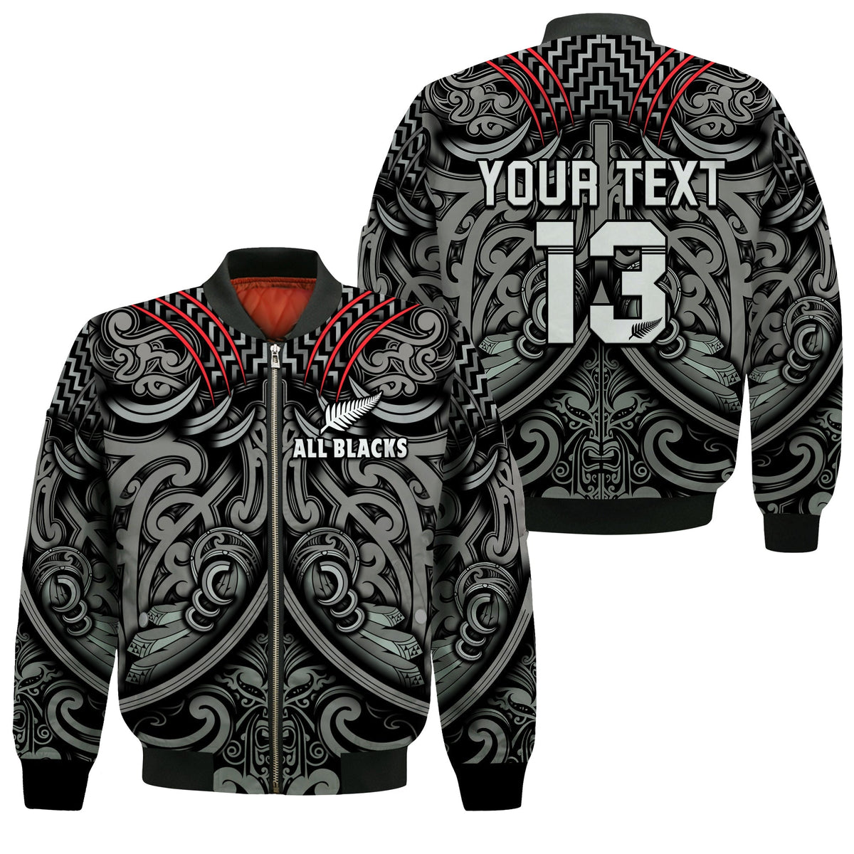Black unisex rugby bomber jacket, Maori patterns, front zip with 'All Blacks', back 'Your Text' 13