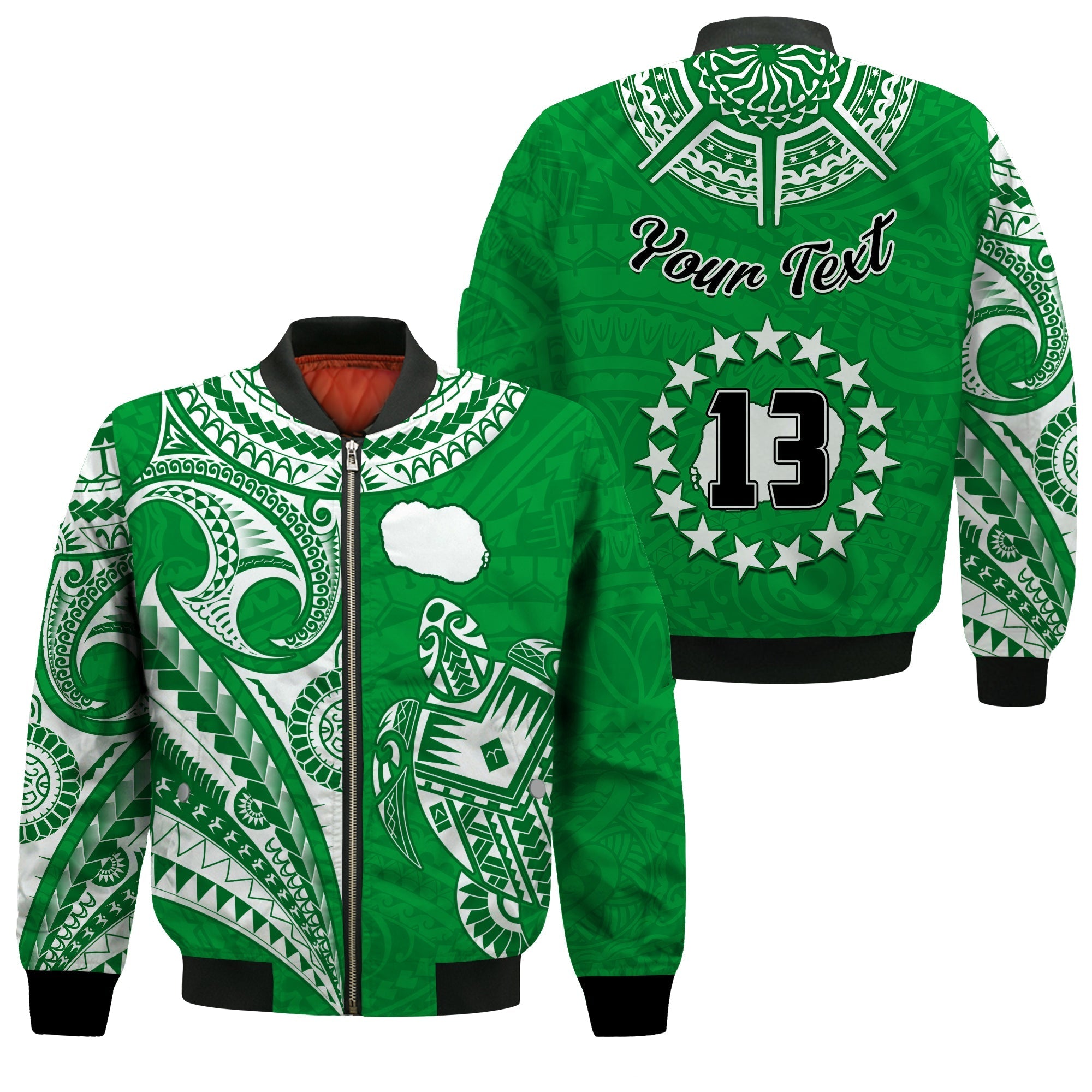 (Custom Text and Number) Rarotonga Cook Islands Bomber Jacket Turtle and Map Style Green LT13 - Wonder Print Shop