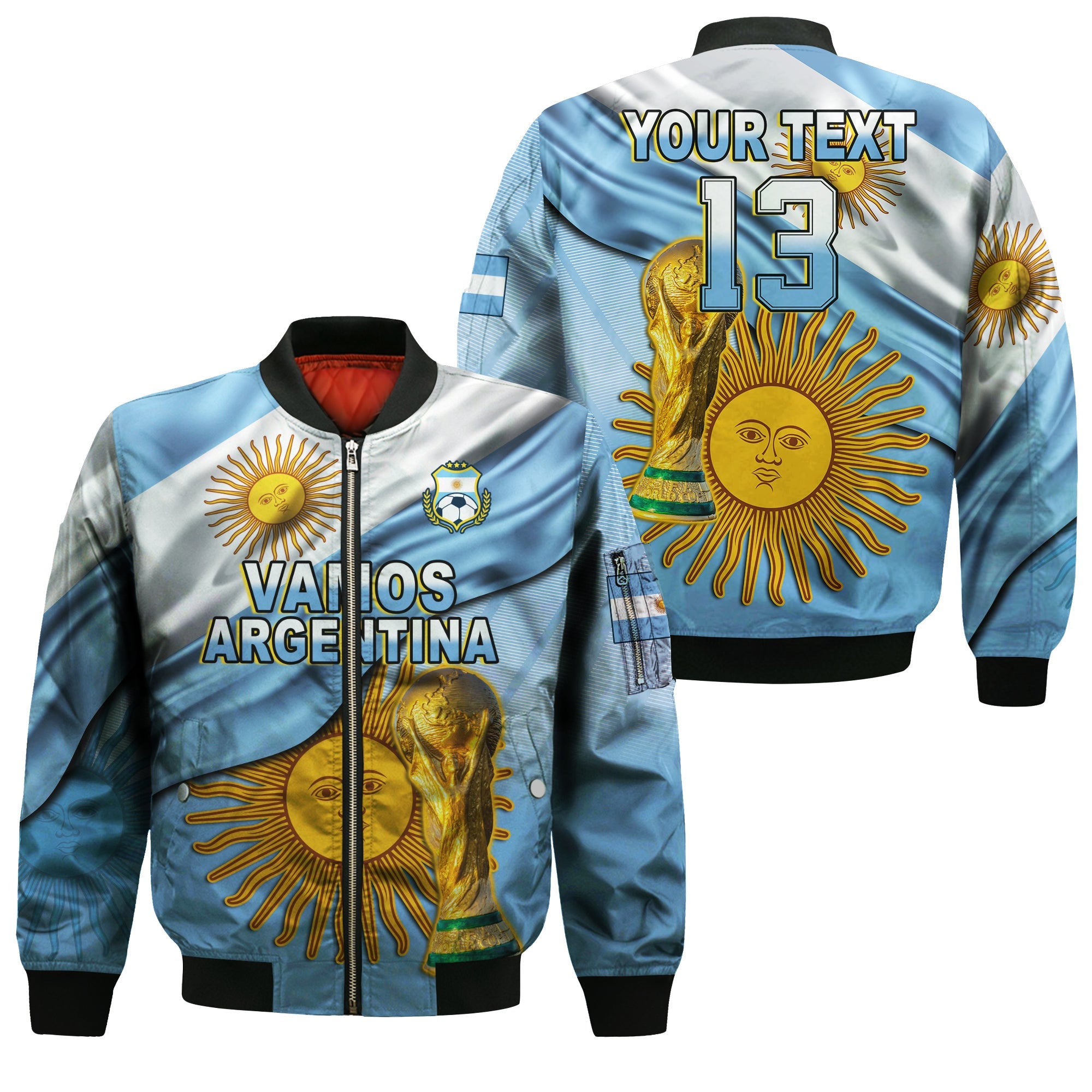 (Custom Text and Number) Argentina Football Bomber Jacket Vamos La Albiceleste Champions World Cup Vibe Flag LT13 - Wonder Print Shop