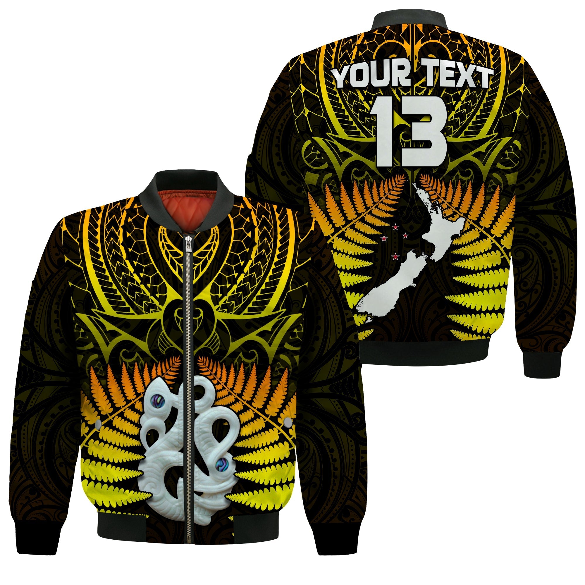 (Custom Text and Number) Aotearoa Fern Bomber Jacket New Zealand Hei Tiki Gold Style LT13 - Wonder Print Shop