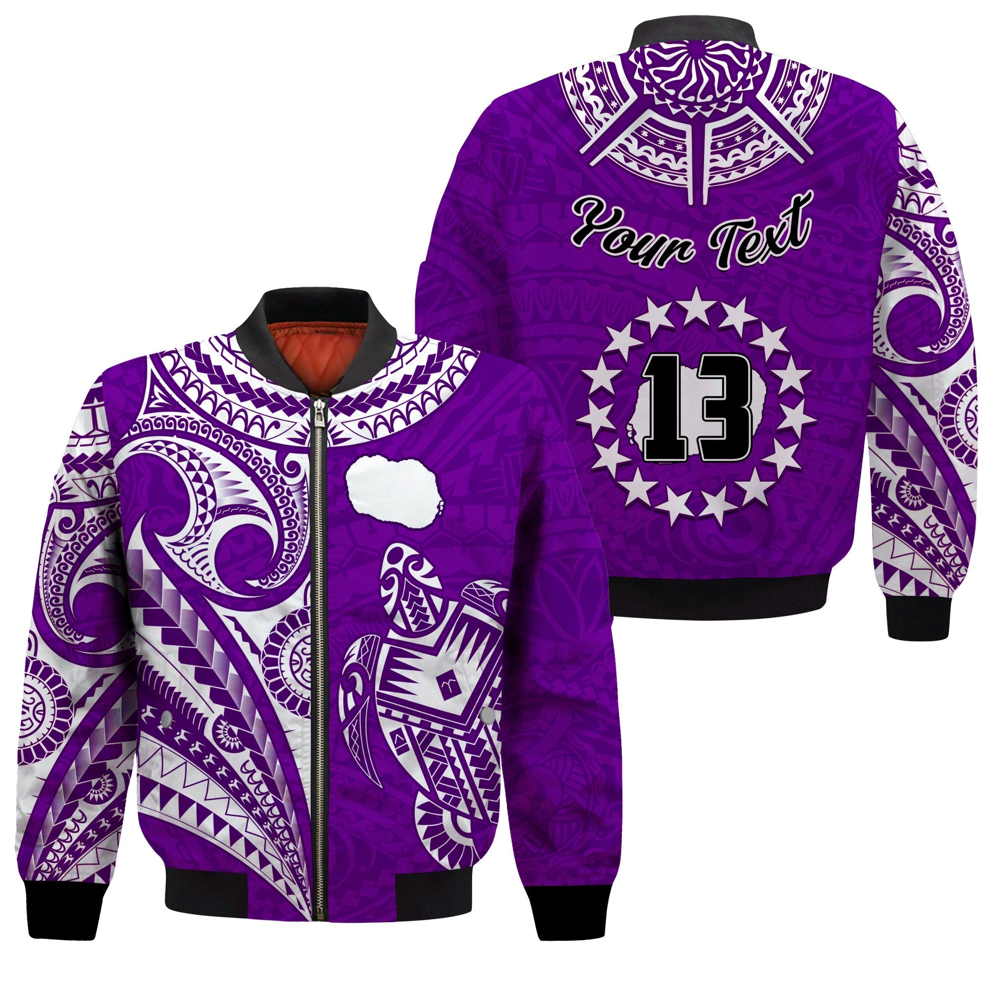 (Custom Text and Number) Rarotonga Cook Islands Bomber Jacket Turtle and Map Style Purple LT13 - Wonder Print Shop