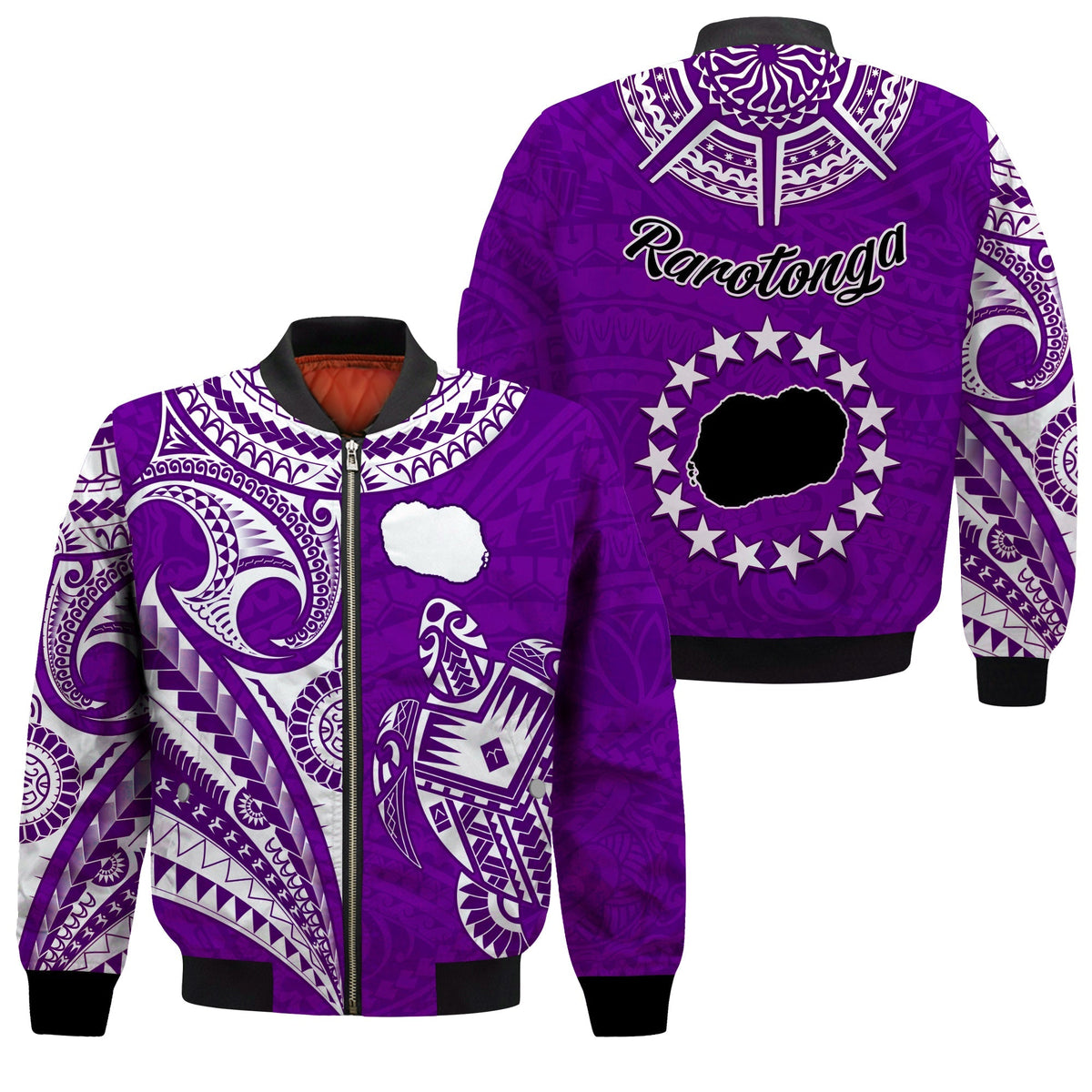 Unisex purple bomber jacket with zip, turtle and map pattern, white ornamental details