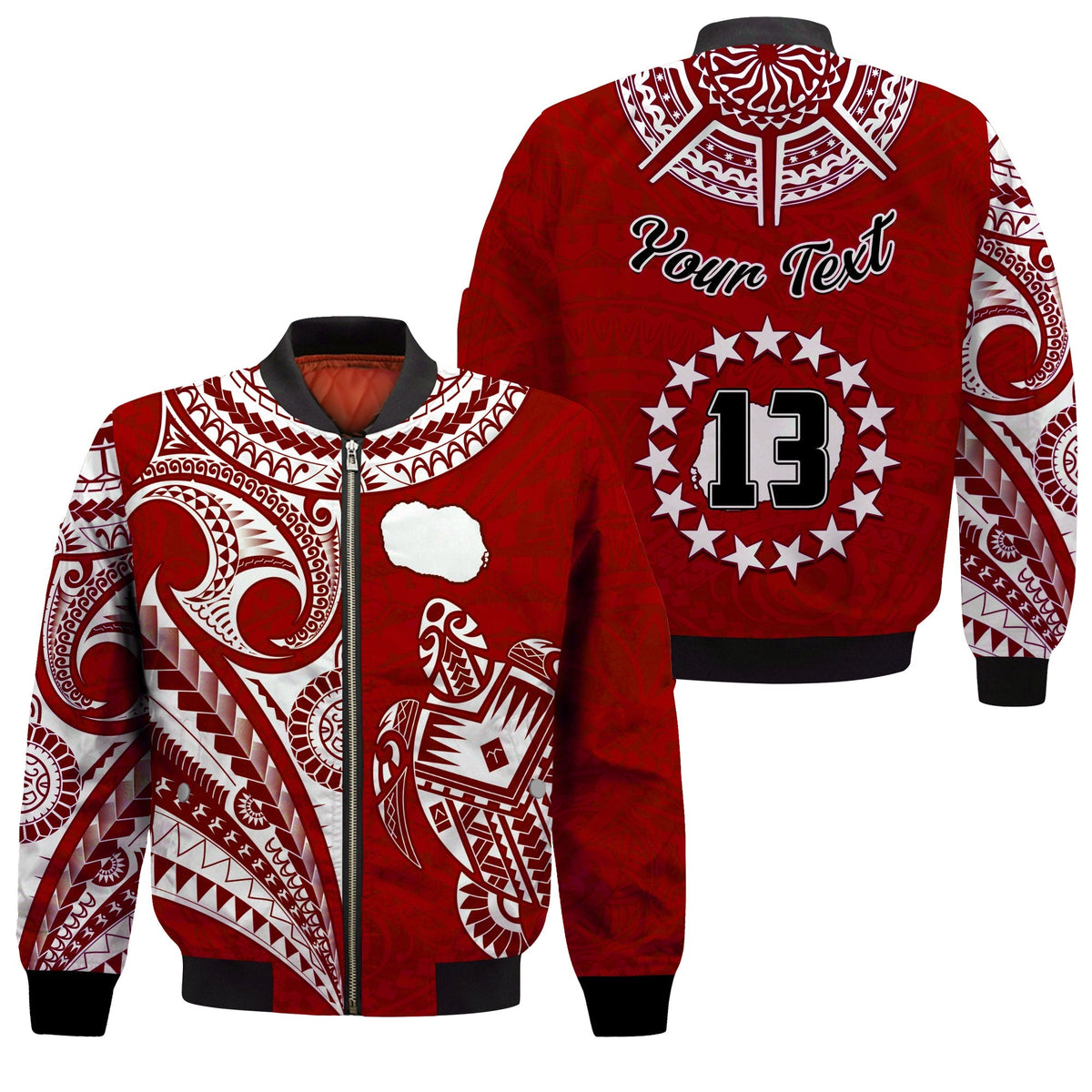 Red unisex bomber jacket with white tribal turtle/map design, custom text and “13” on front and back.