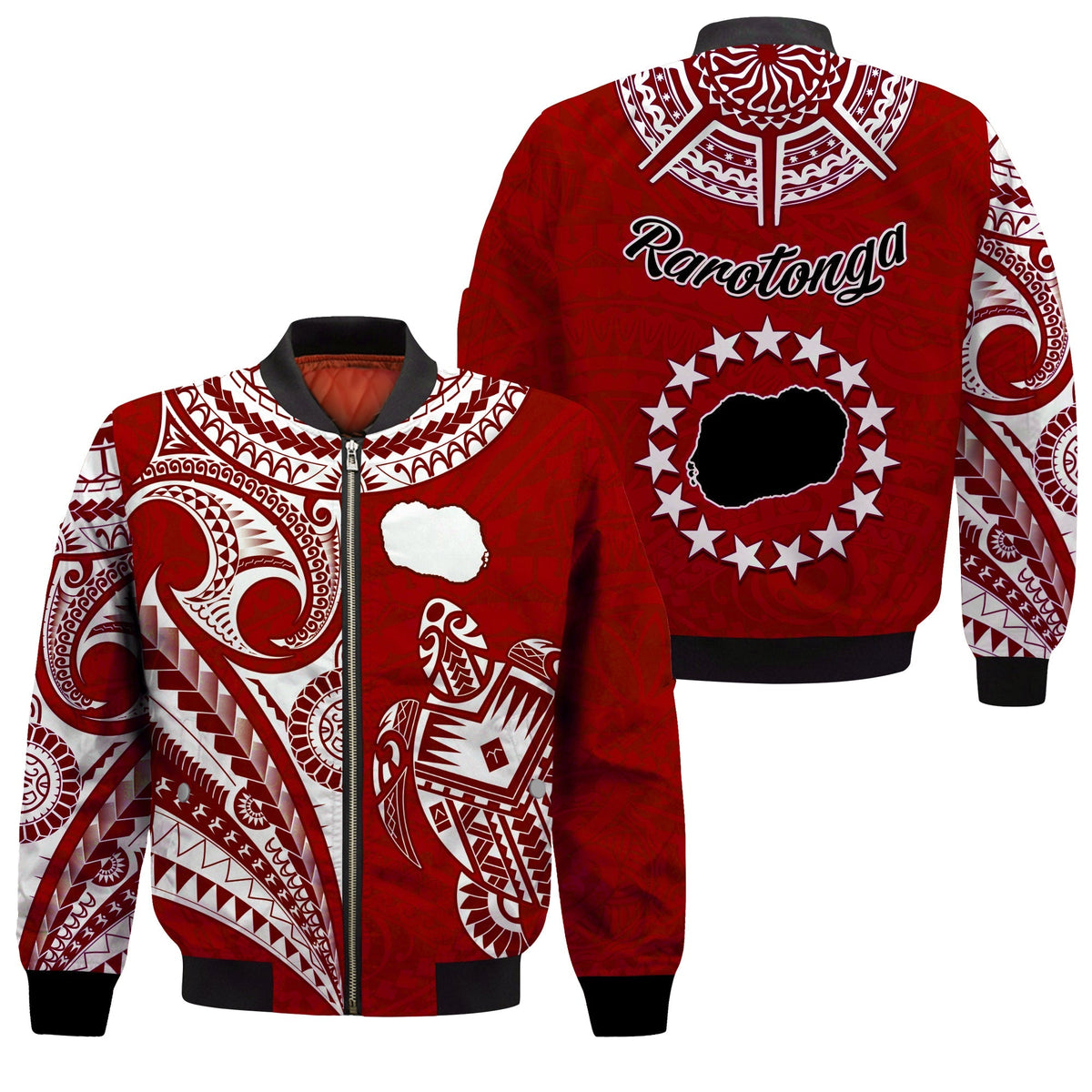 Red unisex bomber jacket with white tribal print, black ribbed trim, circular turtle-map emblem.