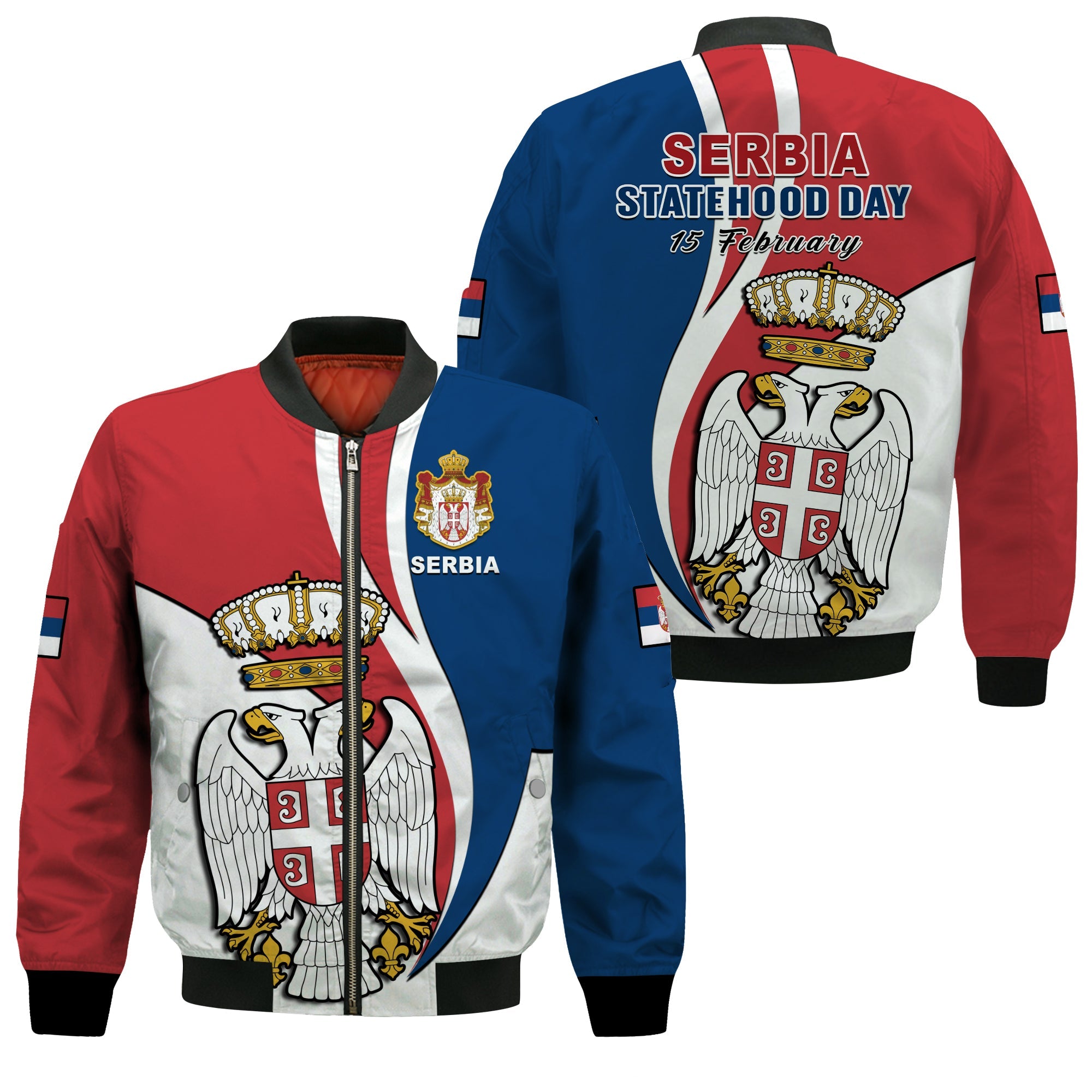 Serbia Bomber Jacket Happy Serbian Statehood Day With Coat Of Arms - Wonder Print Shop