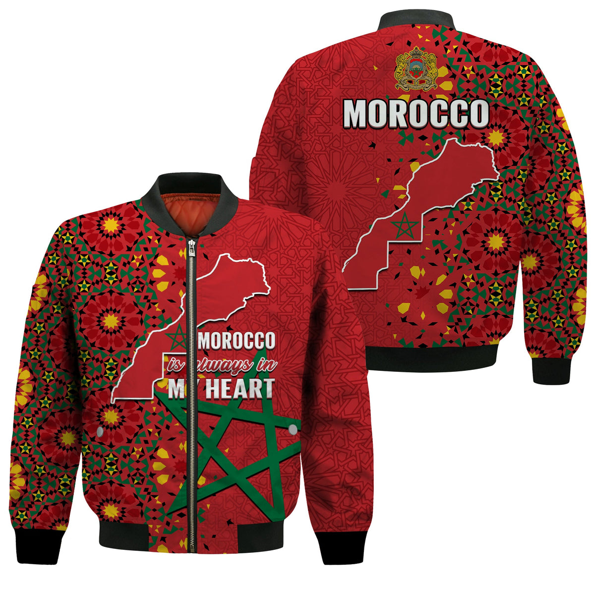 Red unisex bomber jacket with Morocco map graphic, colorful pattern, black ribbed cuffs