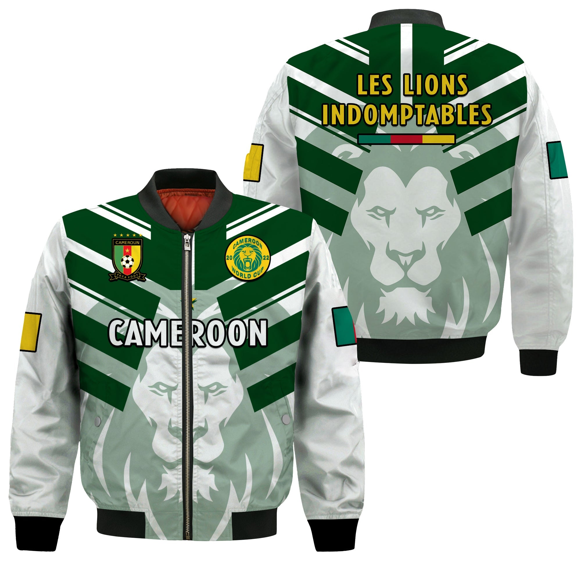 Cameroon Football Bomber Jacket Les Lions Indomptables White World Cup 2022 - Wonder Print Shop