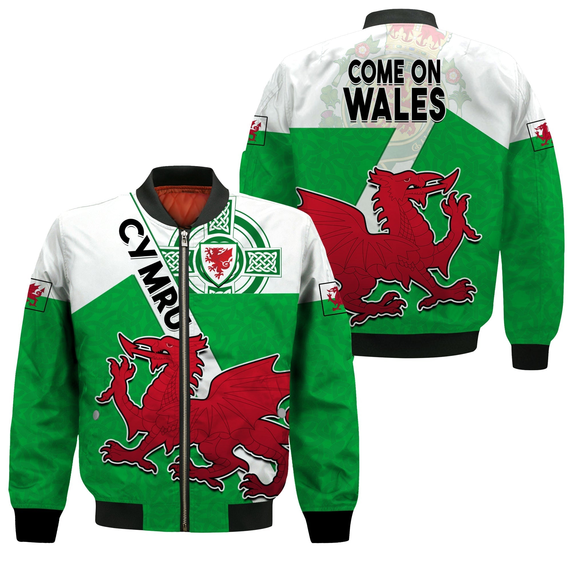 Wales Football Bomber Jacket Come On Welsh Dragons With Celtic Knot Pattern - Wonder Print Shop