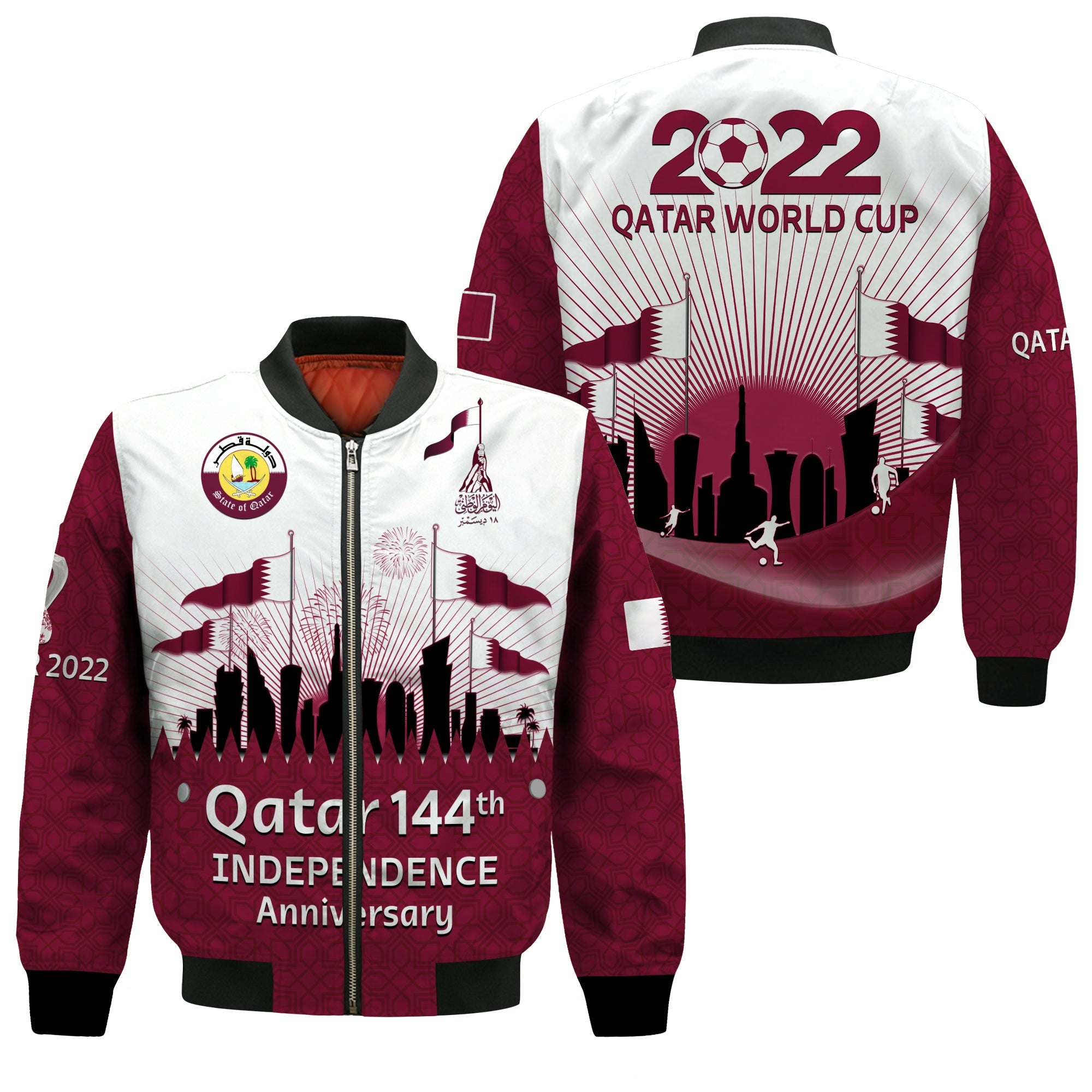 Qatar Bomber Jacket Happy 144th Independence Anniversary Mix World Cup 2022 - Wonder Print Shop