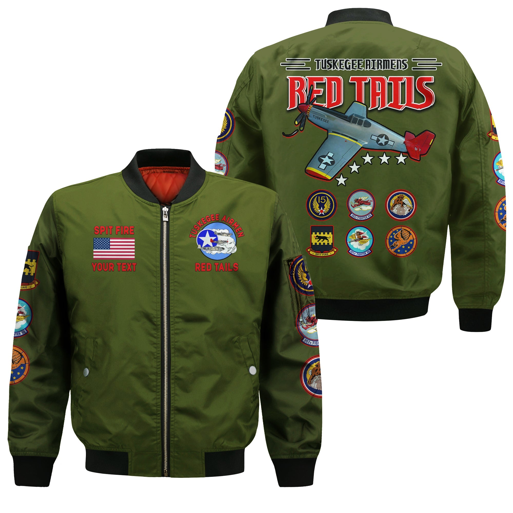 (Custom Personalised) Tuskegee Airmen Bomber Jacket US Military Army Green Red Tails LT13 - Wonder Print Shop