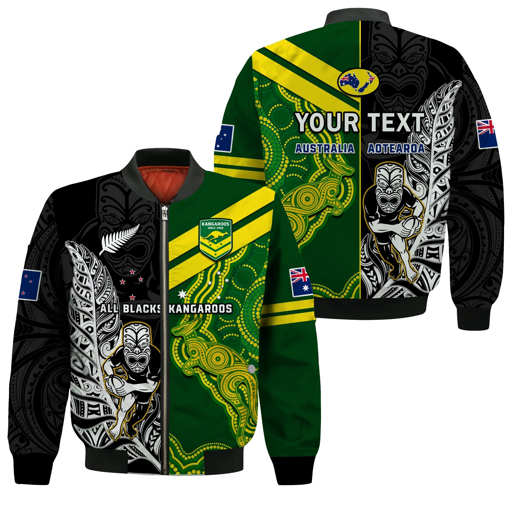 (Custom Personalised) Australia Kangaroos And All Black Rugby Bomber Jacket Aboriginal Mix NZ Maori Fern - Wonder Print Shop