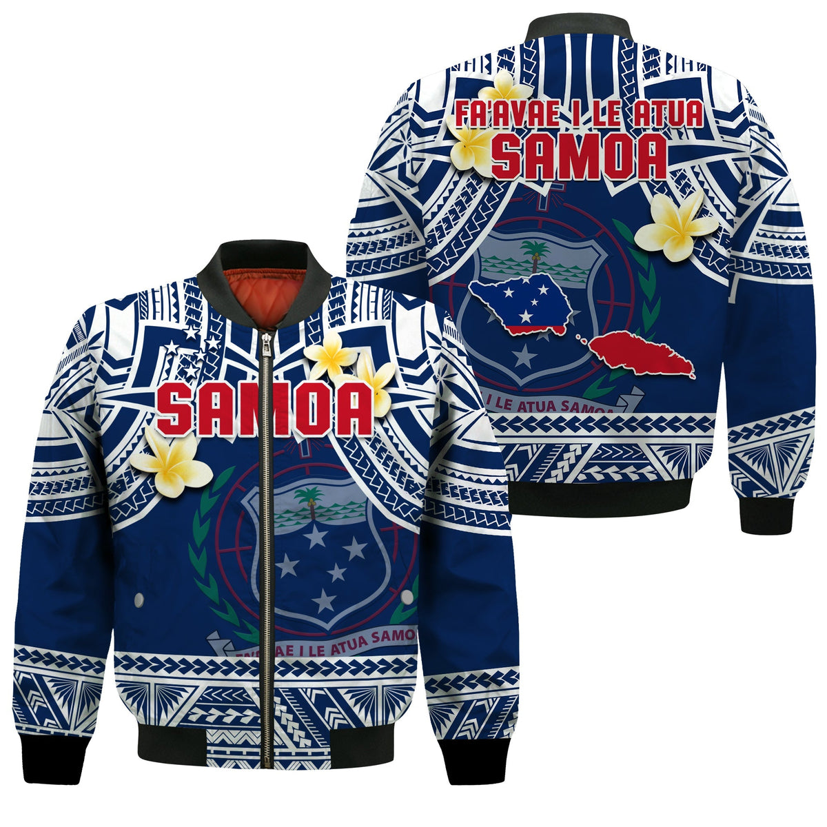 Blue Samoa bomber jacket with zip front, tribal patterns, and yellow plumeria flowers