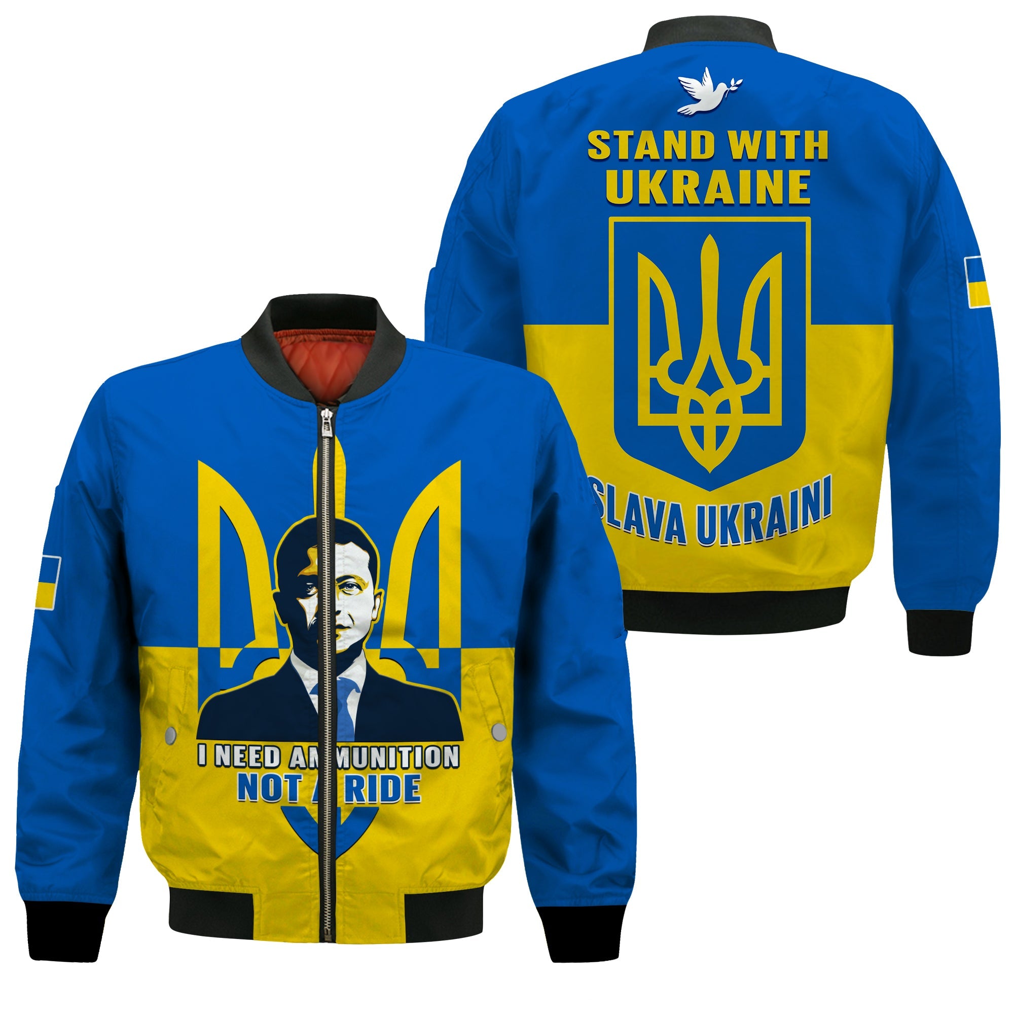 Ukraine Bomber Jacket Ukraine Gold Trident Slava Ukraini Blue - Wonder Print Shop