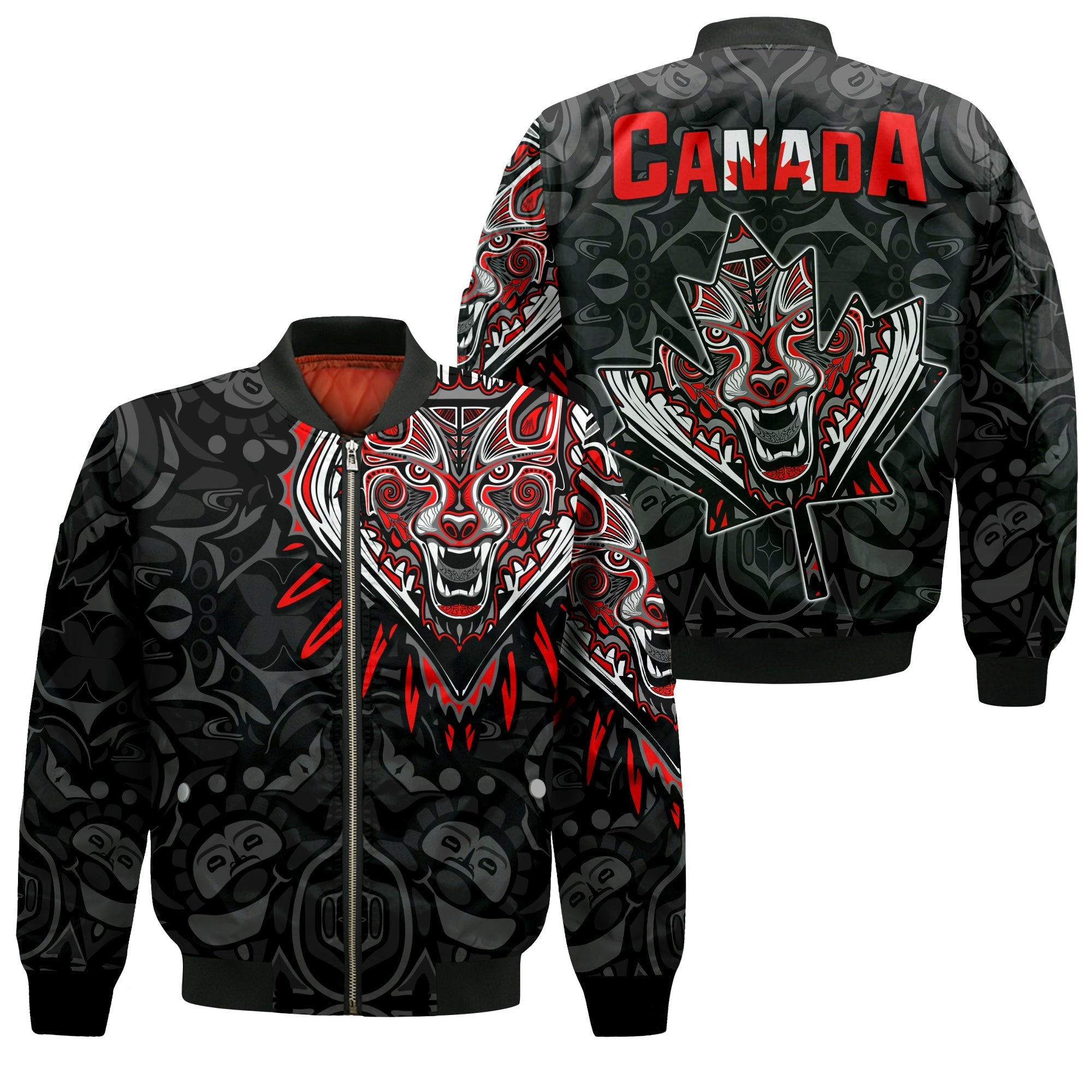 Canada Wolf Bomber Jacket Haida and Maple Leaf LT13 - Wonder Print Shop