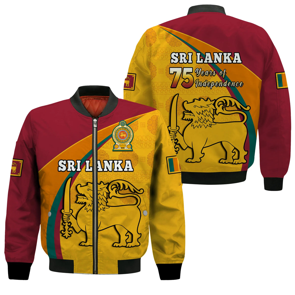 Unisex bomber jacket with red, yellow graphic panels, zip front, black ribbed collar