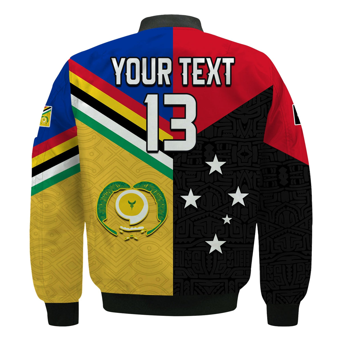 Back view bomber jacket with 'YOUR TEXT 13' graphic and black star pattern