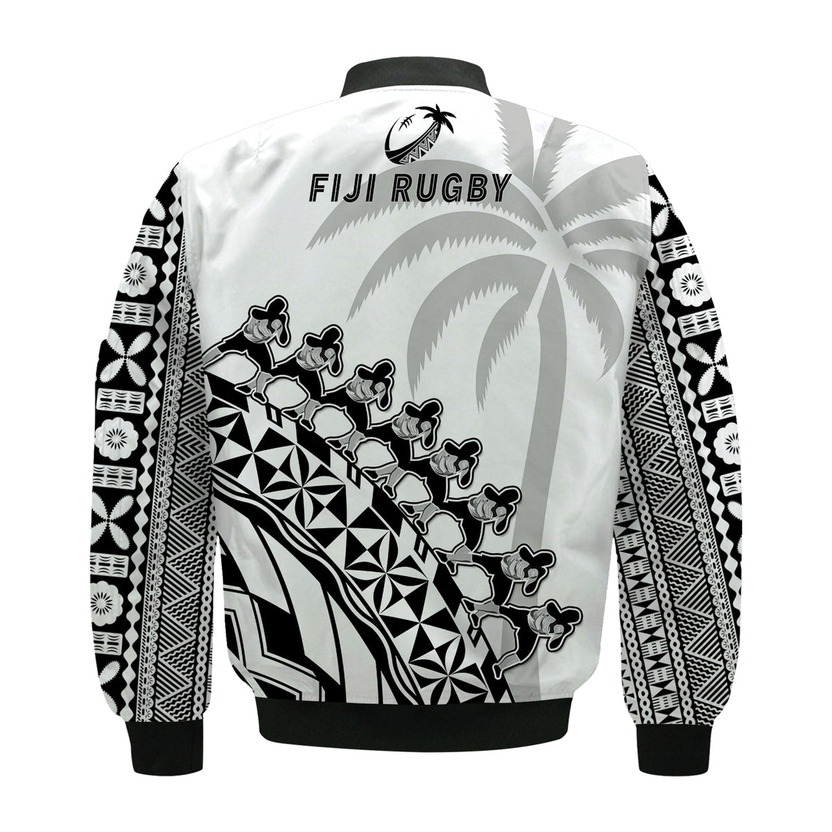 White bomber jacket back view with “Fiji Rugby” logo and black tribal pattern