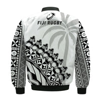 White bomber jacket back view with “Fiji Rugby” logo and black tribal pattern