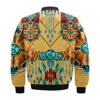 Cream bomber jacket back view, large teal circular motif and bead-style graphics