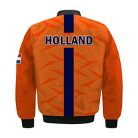 Orange bomber jacket back with dark blue center stripe and 'HOLLAND' text