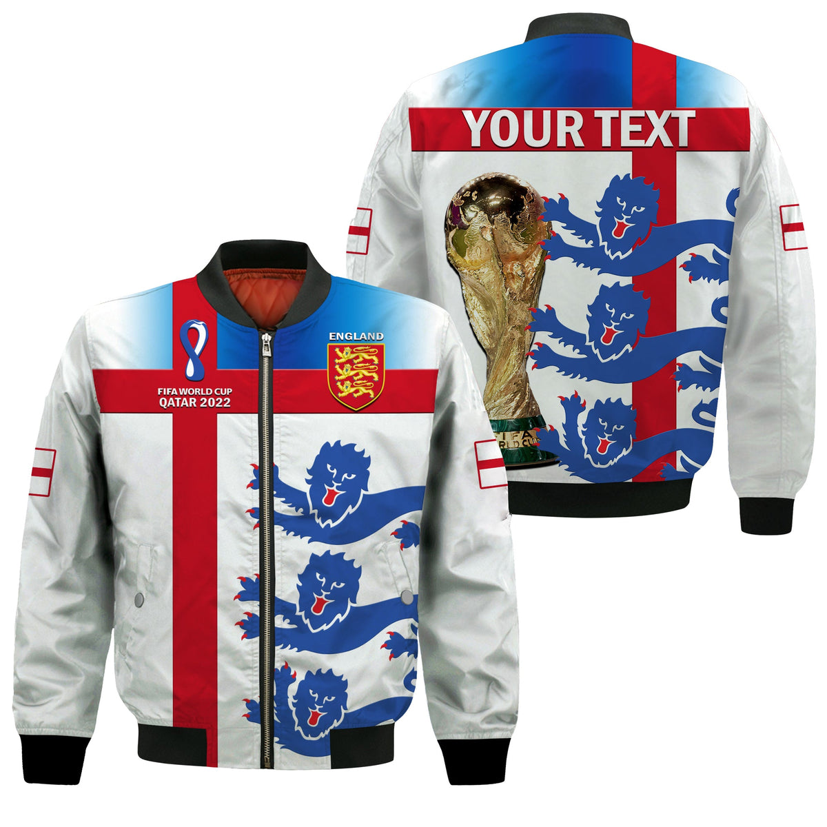 White England bomber jacket with red blue lion flag pattern and customizable back text