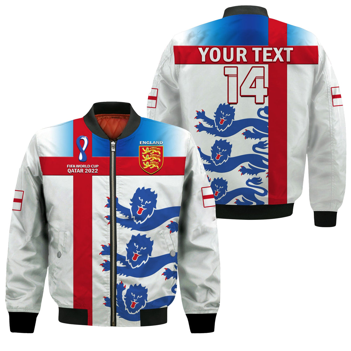 White England bomber jacket with red and blue paneling, full zip, custom text on back.