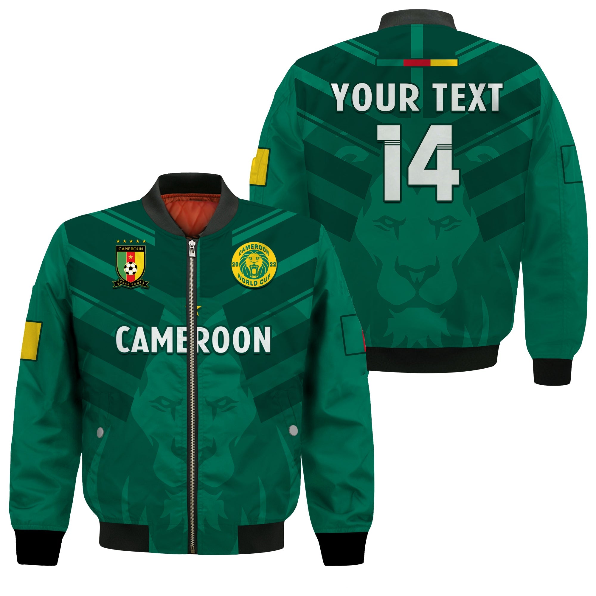 (Custom Text And Number) Cameroon Football Bomber Jacket Les Lions Indomptables Green World Cup 2022 - Wonder Print Shop