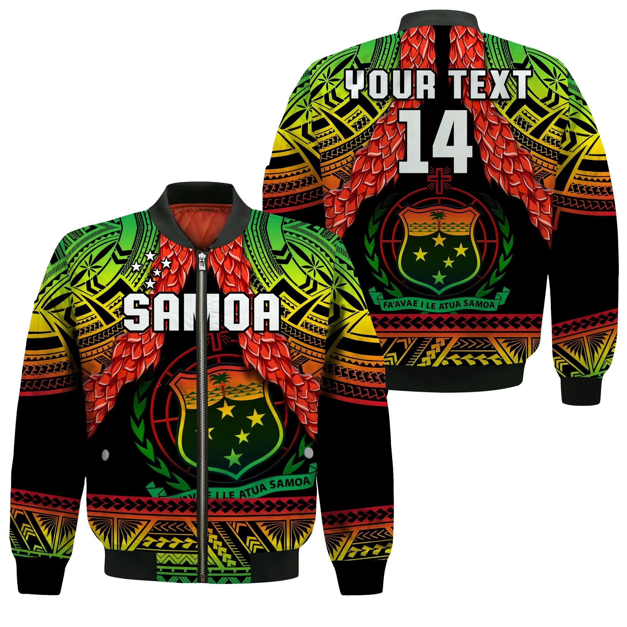 Custom Text And Number Samoa Rugby Bomber Jacket Teuila Torch Ginger Gradient Style - Wonder Print Shop