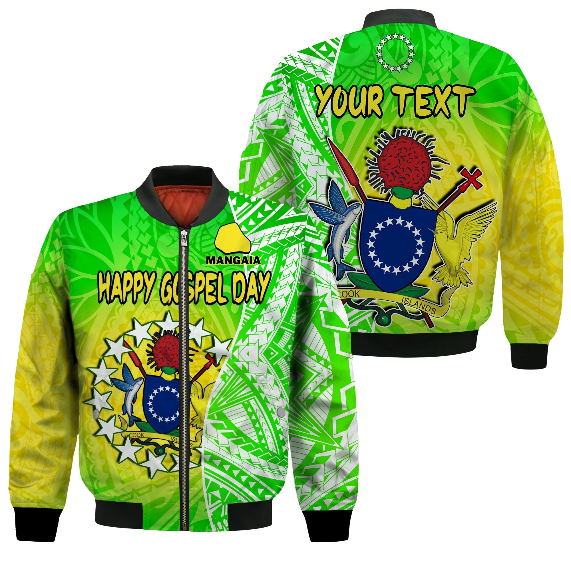 (Custom Personalised) Happy Mangaia Gospel Day Bomber Jacket Cook Islands Coat Of Arms Polynesian Pattern - Wonder Print Shop